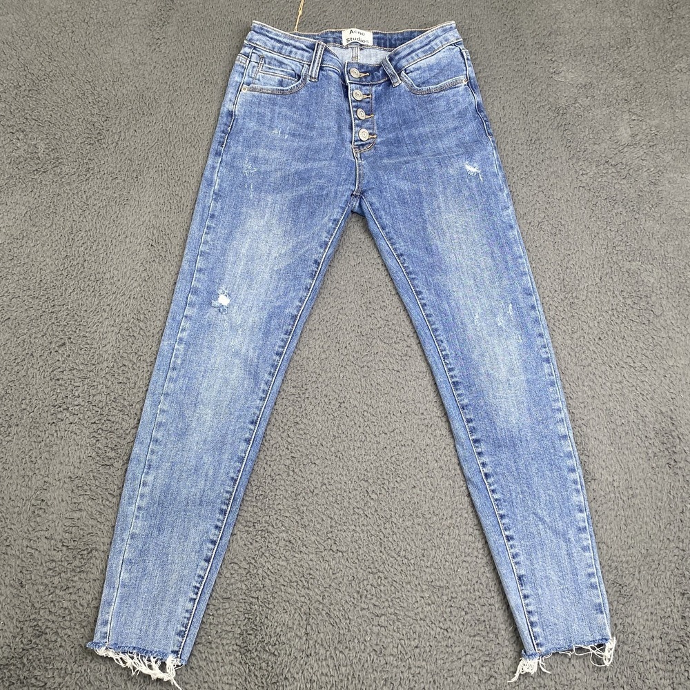 Acne Studios Jeans Womens 27 Blue Distressed High Rise Skinny Button Fly Raw Hem